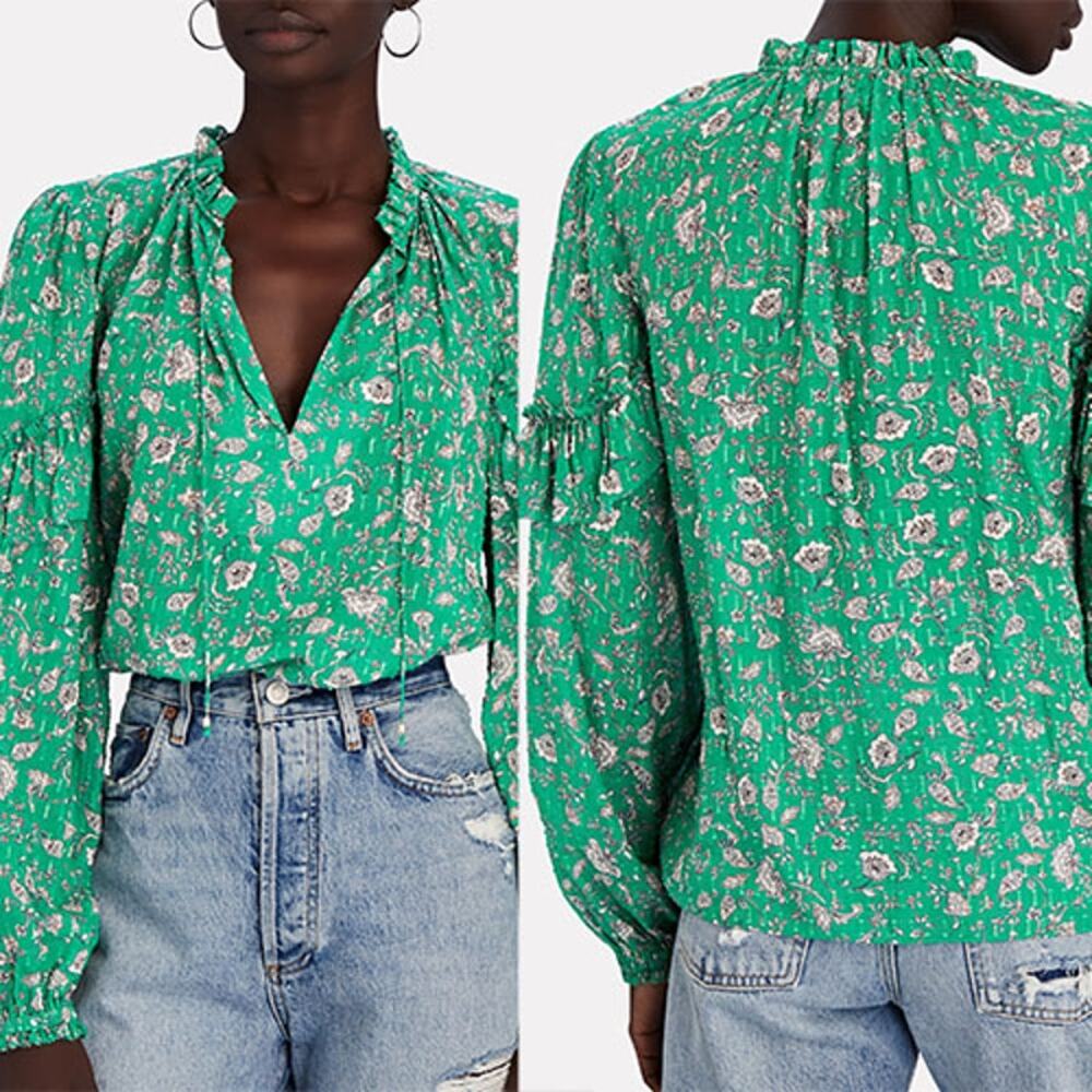 NEW Intermix Marika Ruffled Fil Coupé Casual Blouse Women's Green Size: XS